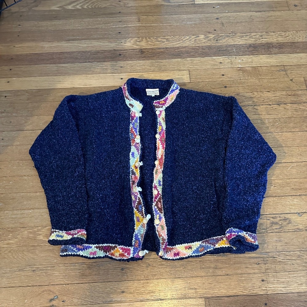 Purple Mountain Navy Wool Cotton Hand Knit Cardigan Sweater Cottage Core Large